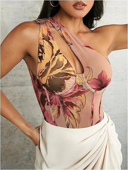 One Shoulder Cut Out Floral Asymmetrical Sleeveless Mesh Tank Tops
