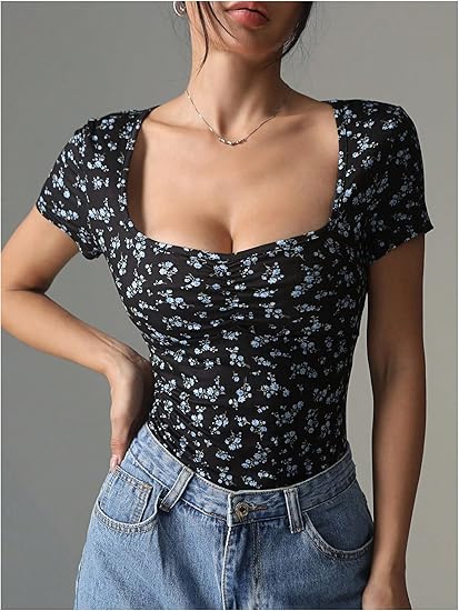 Wanita Floral Print Baju Badan Ruched Leher Lengan Pendek