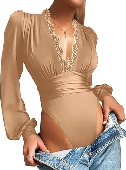 Women's Lace V-neck Bubble Long-sleeved Bodysuit
